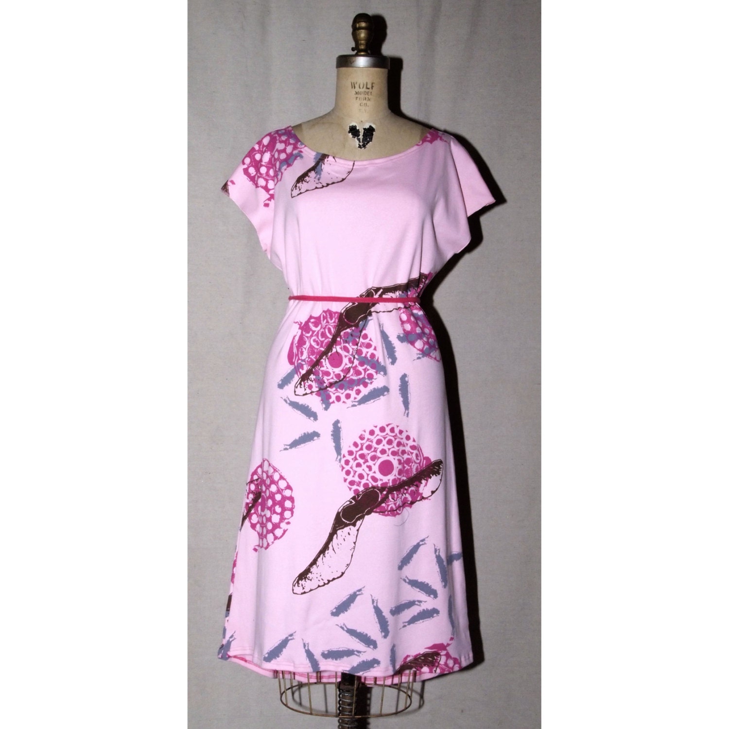 Light Pink Long Cotton Jersey T Dress Scoop Neck magenta, purple grey, and brown print
