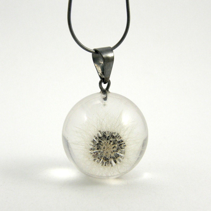Full Dandelion Pendant, Medium Resin Round with Oxidized Sterling Silver Chain, Eco Jewelry