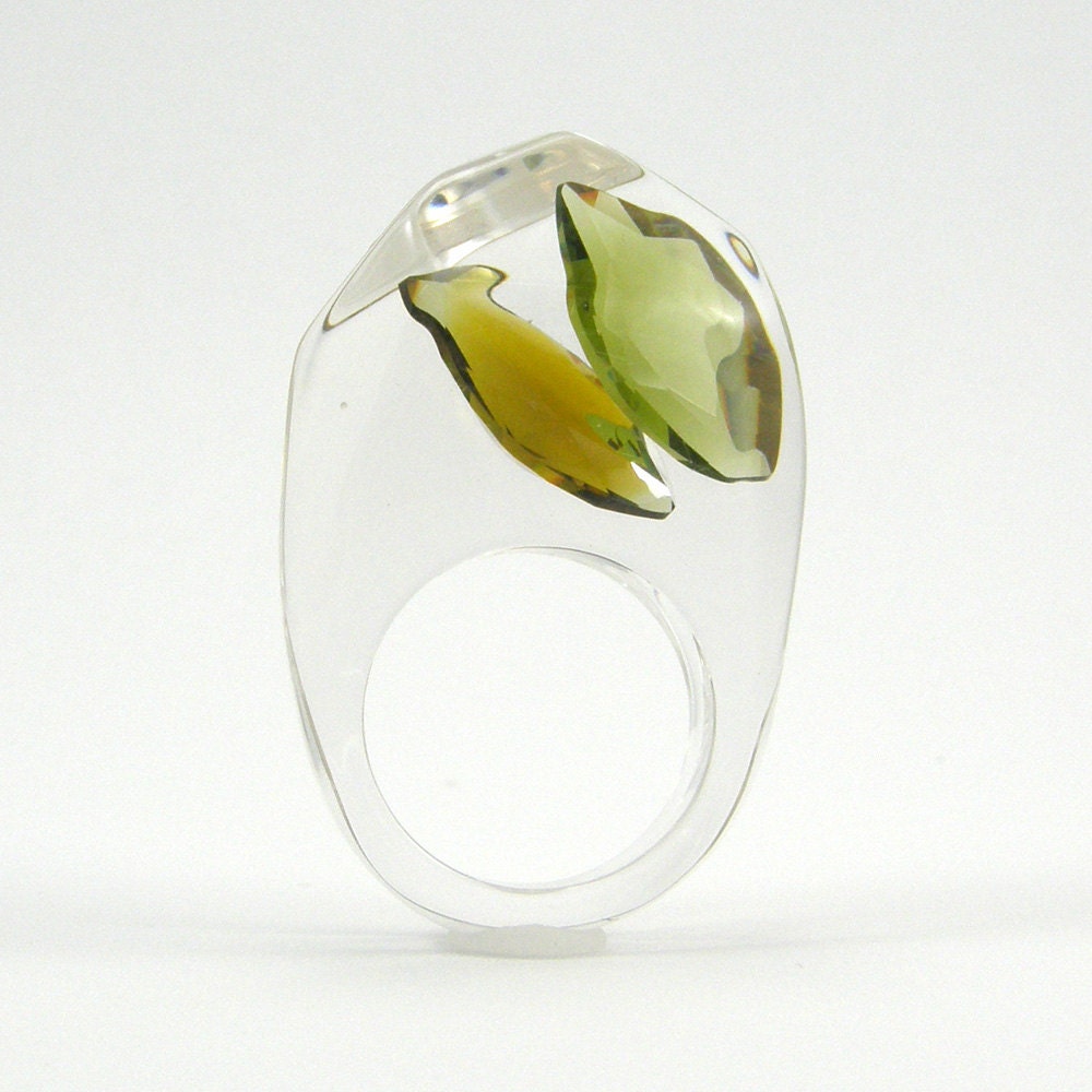 Green Olive Crystal Ring, Clear Resin Ring with Two Teardrops Warm Jade Zirconia, Modern Jewelry
