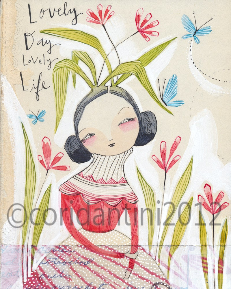 whimsical watercolor painting of a lady with butterflies - 8 x 10 - limited edition - archival - print - by cori dantini