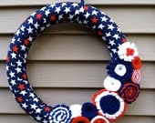 Patriotic Wreath Wrapped in Red,White, & Blue Star Fabric w/ felt flowers. 4th of July Wreath - July 4th Wreath - American Wreath