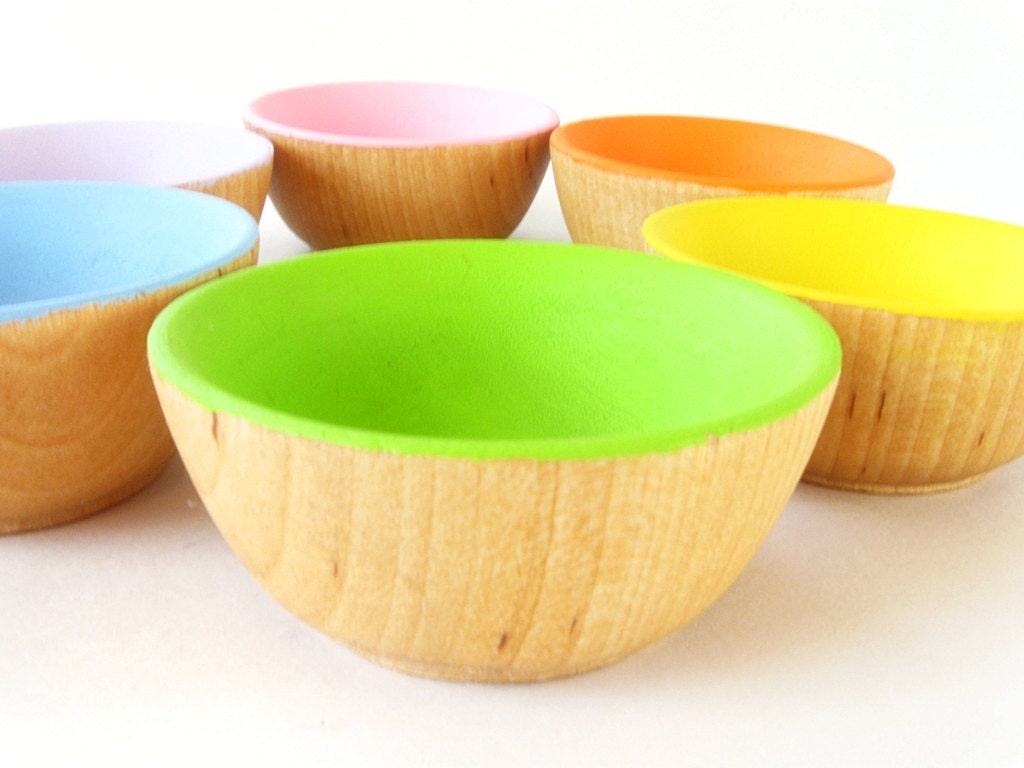 Wooden Rainbow Bowls - Matching / Sorting / Stacking - Ecofriendly Soy Paint & Beeswax - Spring Pastel Colors
