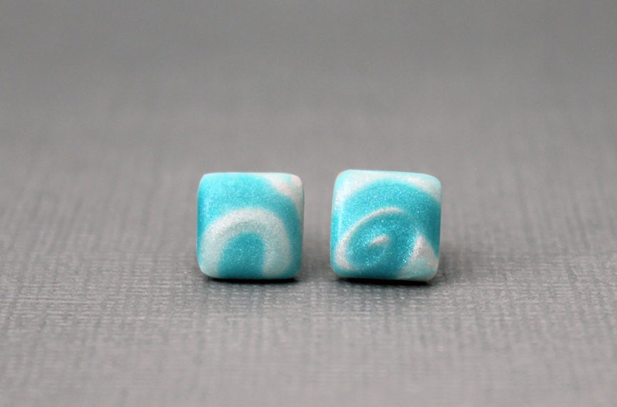 Tiffany blue. Stud earrings. Post earrings. Square studs. Earring posts. Polymer clay. Teal. 10mm