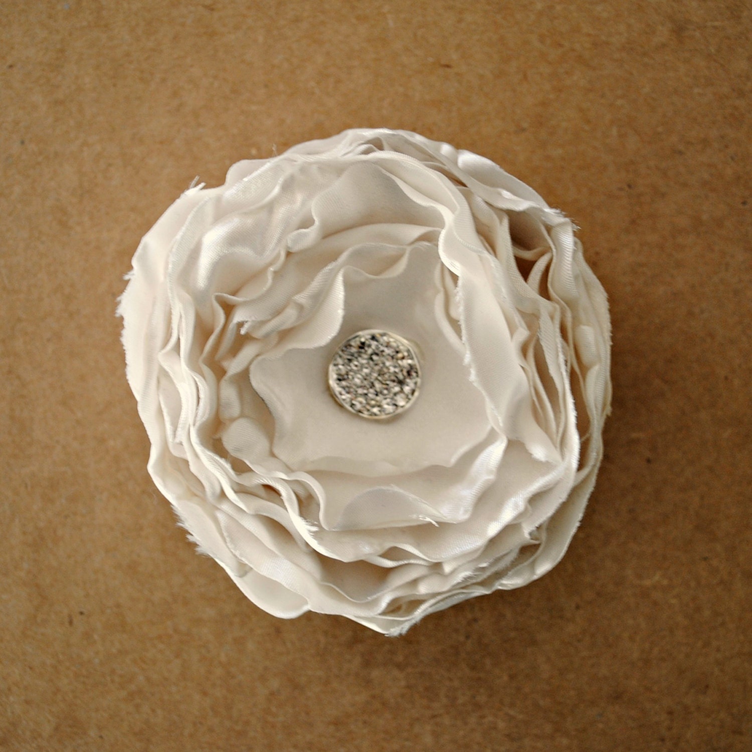 White Satin Wedding Hair Flower, Layered Satin Flower, Shiny Finish Hair Clip, Bridesmaids, Bridal Accessories, Rhinestone, Ruffled Clip