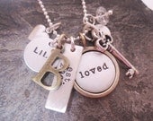 Personalized necklace Brass and sterling silver hand stamped cluster necklace