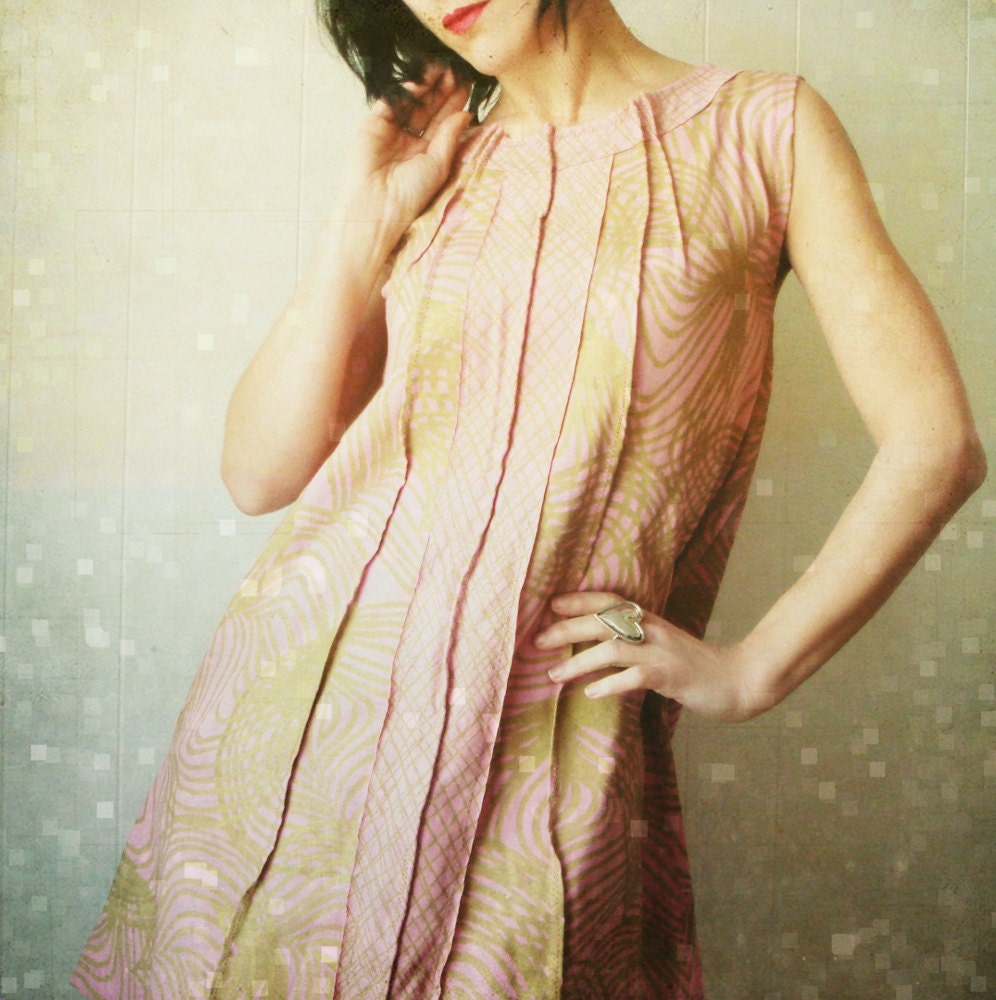 Moment Musical - iheartfink Handmade Hand Printed Womens Rose Pink and Gold Beautiful Artistic Retro Trapeze Mini Dress