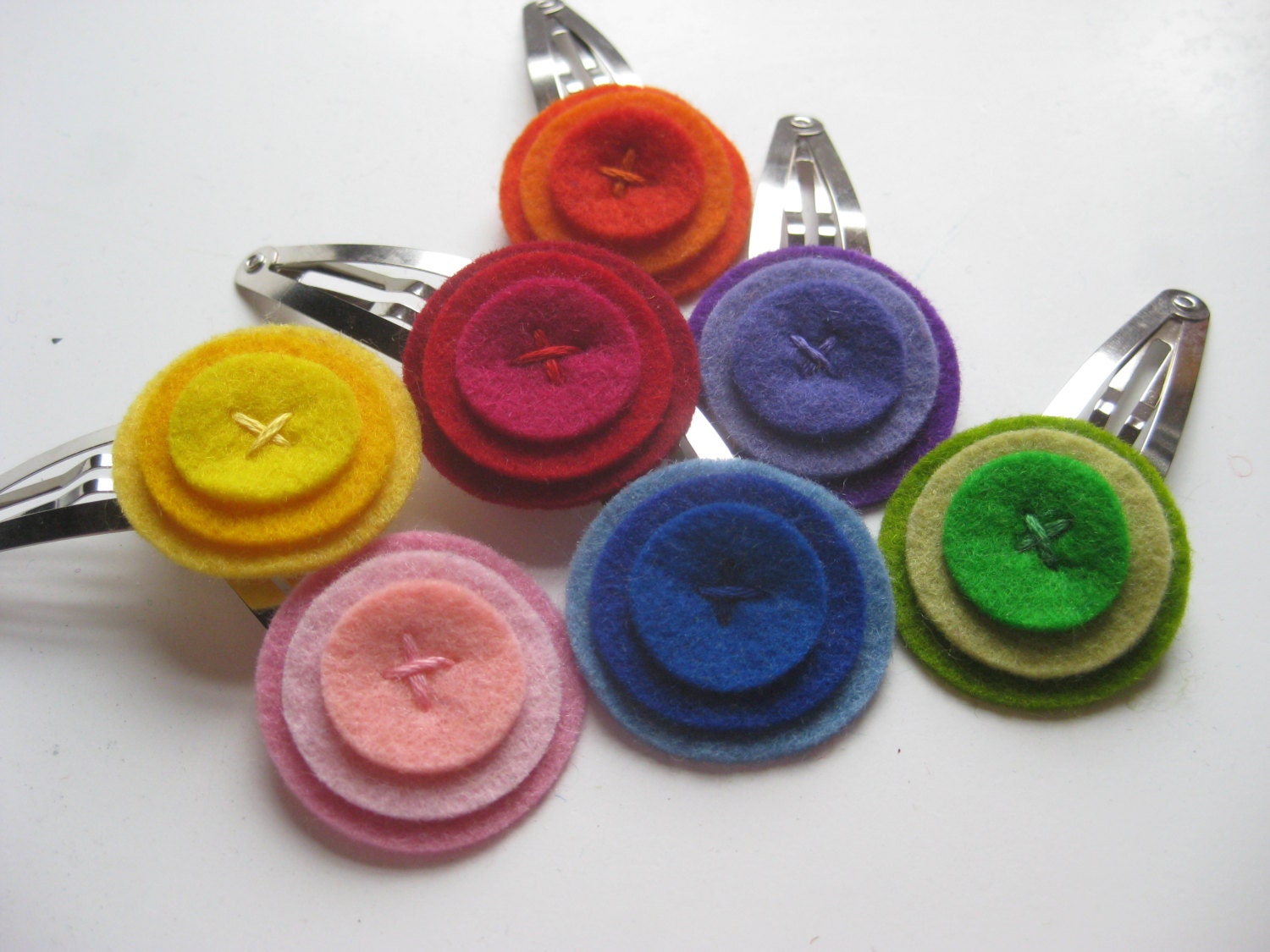 a week of barrettes in rainbow, set of 7, colorful felt circle barrettes
