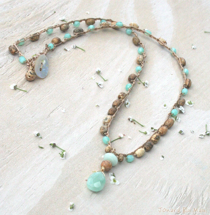 Boho Crocheted Desert Jasper and Amazonite Necklace - Sweet and Beachy