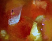 Abstract painting, warm red, gold, small, 10 x 12 inches