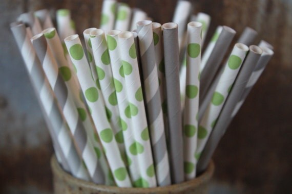 Green and Gray Paper Straws -- Set of 10 -- stripes and dots grey Il_570xn