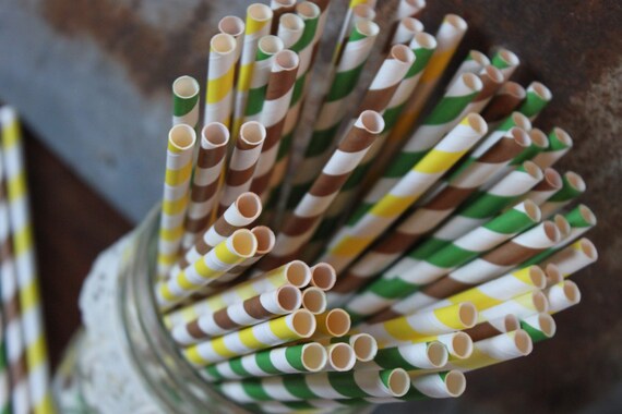 John Deere Vintage Tractor Paper Straw -- Set of 30 -- Yellow Green Brown Polka Dots Stripes Il_570xn