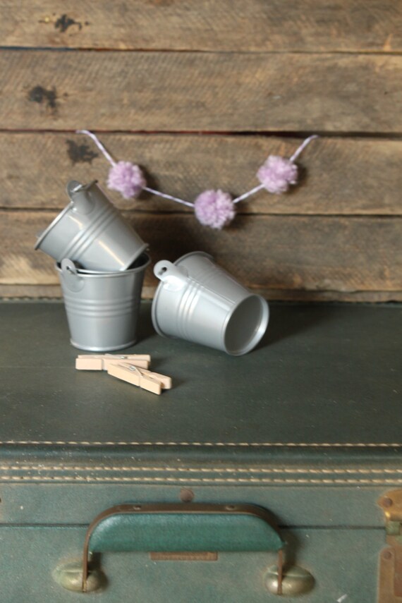 Tin Bucket, Party Favor, Metal, Grey, Gray -- set of 3 Il_570xn