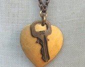 Valentine Closeout SALE  1pc Vintage L.V. Louis Vuitton padlock key brass heart multi charm Necklace pendant mixed metals boho t86