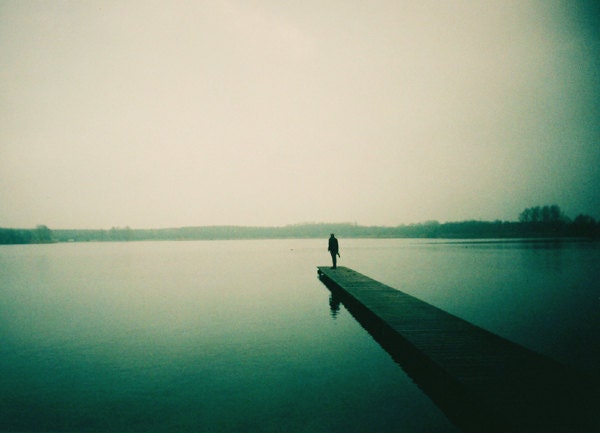 A Long December - approx 18x13cm / 5x7in fine art lomography / film print - green, solitude, landing, lake, man, silhouette, lonely, fpoe