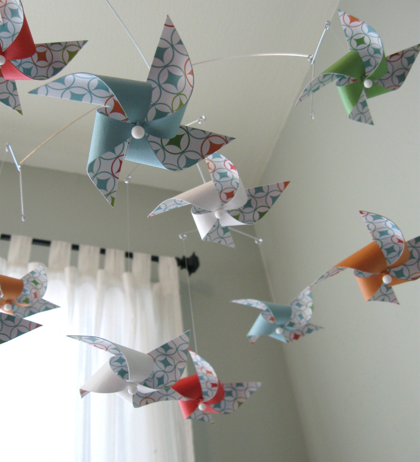Colorful Baby Crib Mobile / Pinwheel Mobile / Boy or Girl / Gender Neutral / Red, Orange, Green, Blue and White : Eye Catcher