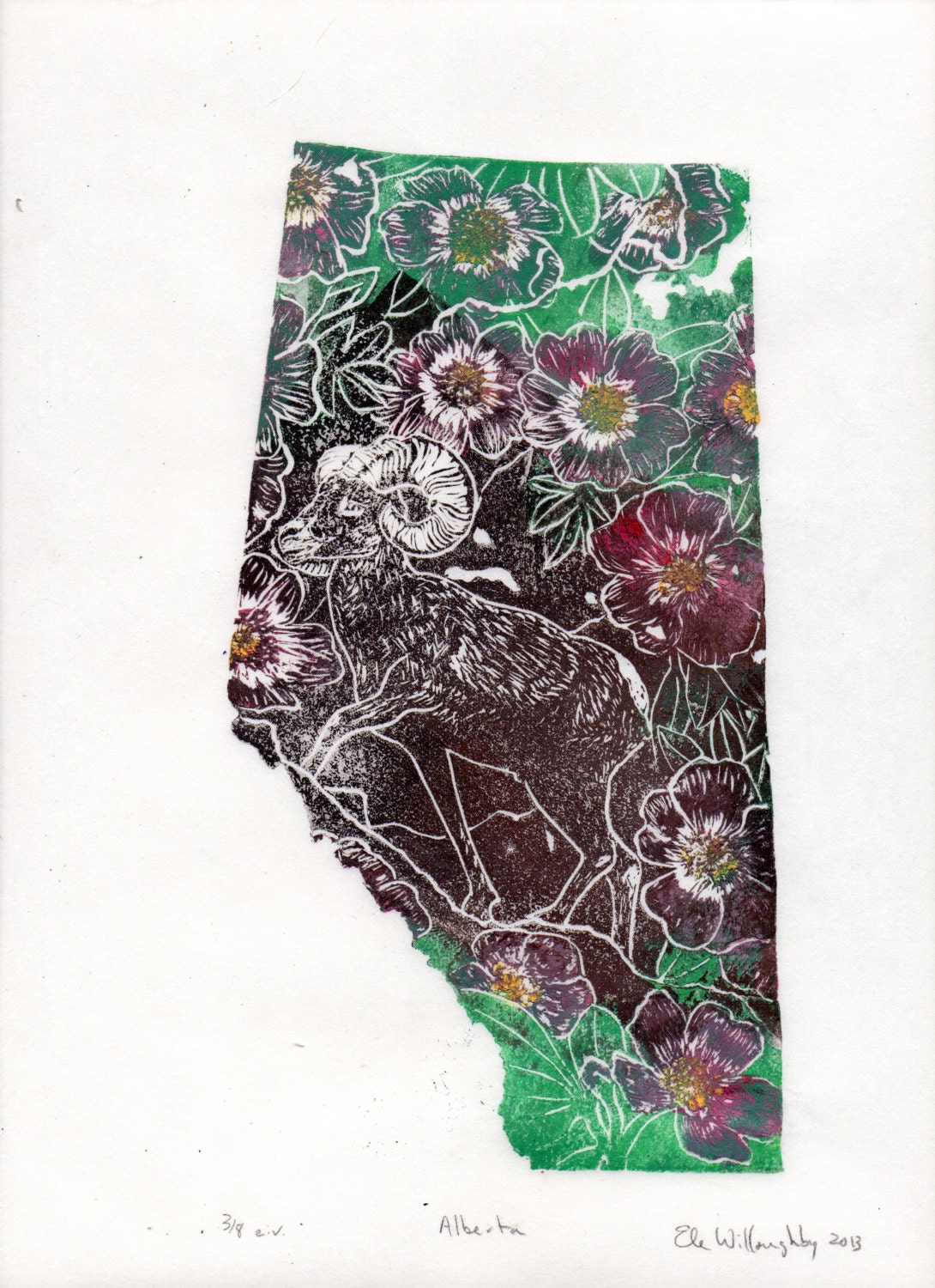 Alberta, Big Horn Sheep and Wild Rose Linocut