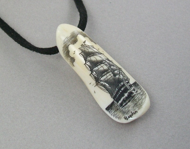 Scrimshaw Unisex Pendant with Ship on Fossil Walrus Tooth