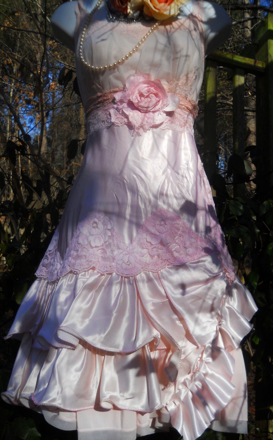 Pink ruffle  dress satin  ruffles lace romantic wedding  bridesmaid fairytale rose medium by vintage opulence on Etsy