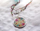 Crochet Necklace with Original Art Pendant - Pink Tulips - turquoise, fuschia and green