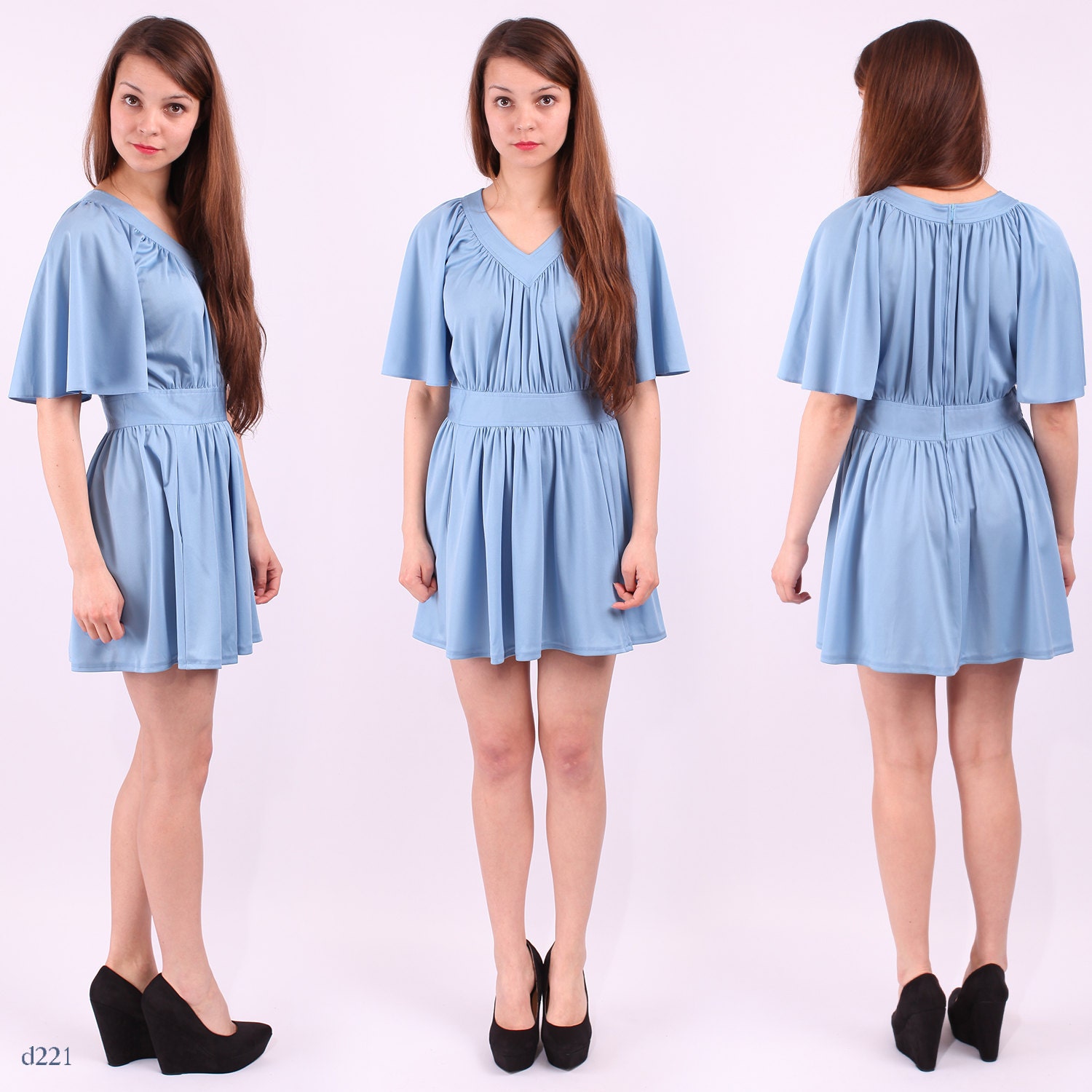 Ruffled Mini Dress / Bohemian Butterfly Sleeve Blue Dress / sz Medium