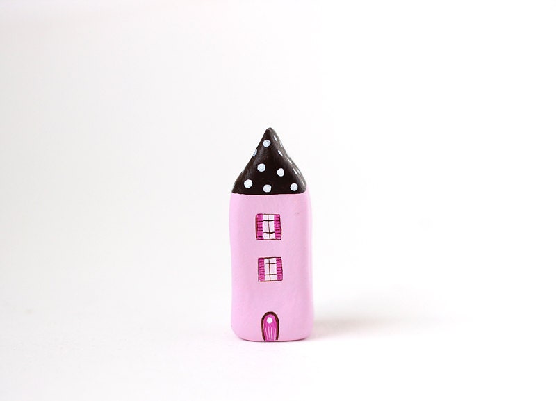 RESERVED for Micki - Little Home No 379 - Little clay house - pink house with brown roof and white polka dots