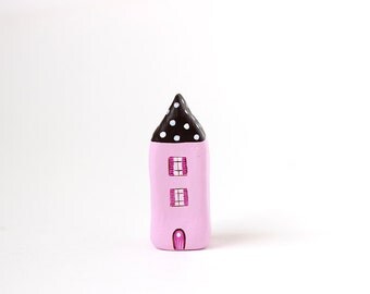 RESERVED for Micki - Little Home No 379 - Little clay house - pink house with brown roof and white polka dots