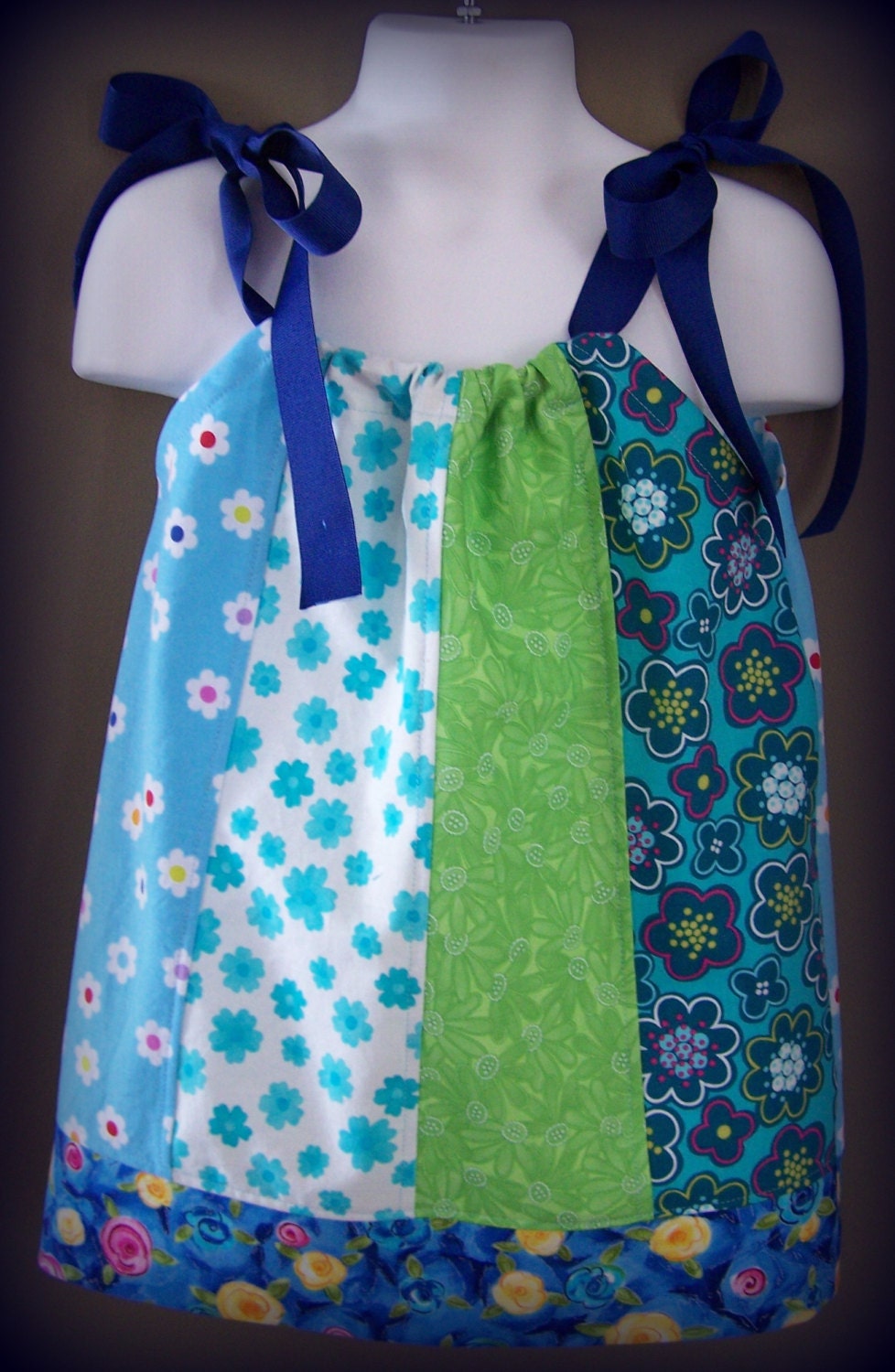 Flower Power Girl, Toddler, Pillowcase Dress Blue, Green, Yellow Grossgrain Ribbon