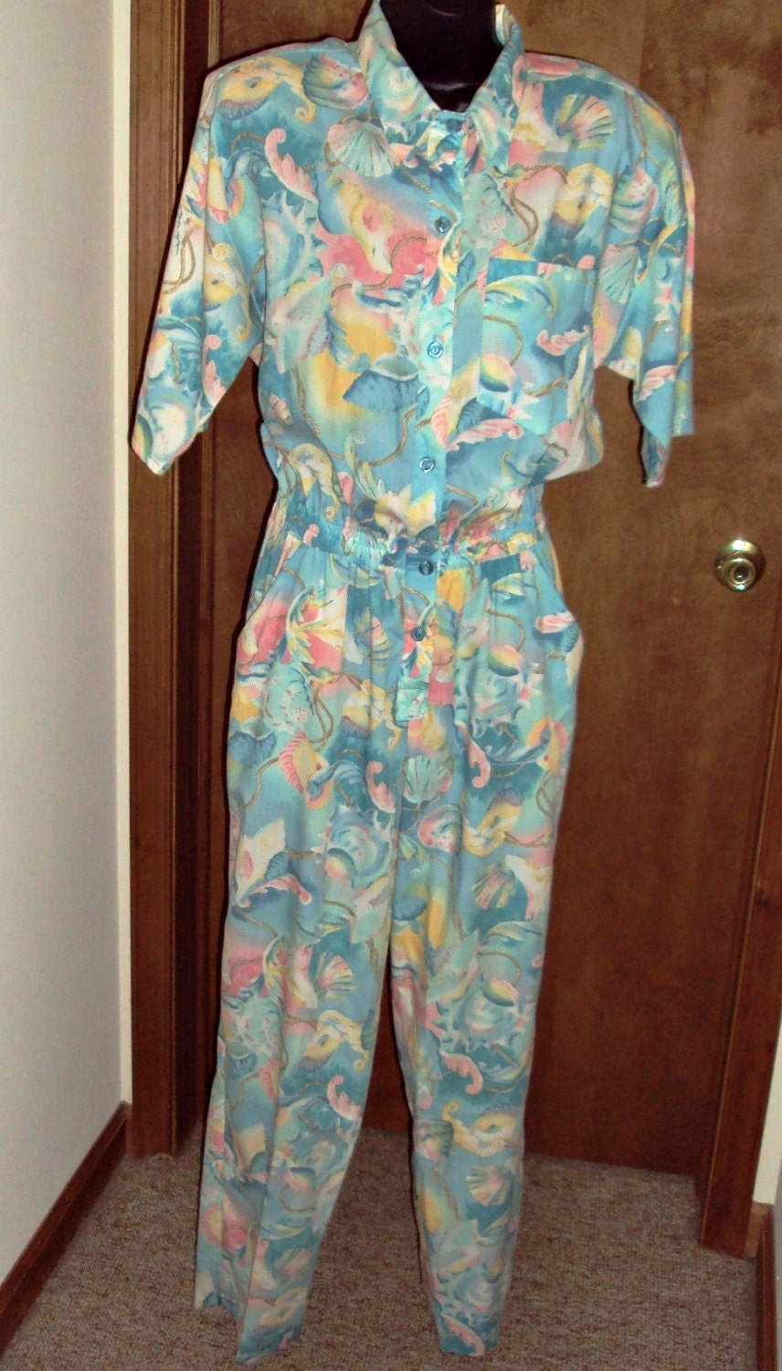 Womens Size Medium Jumpsuit by Sir Winston for Sea Suns Tropical Seashells Vintage