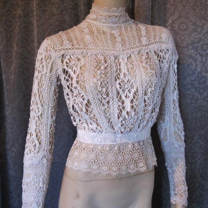 1900s  Victorian, Edwardian Crochet Bodice, Blouse, Pristine White Cotton, Bridal, Wedding...Boardwalk Empire, Titanic