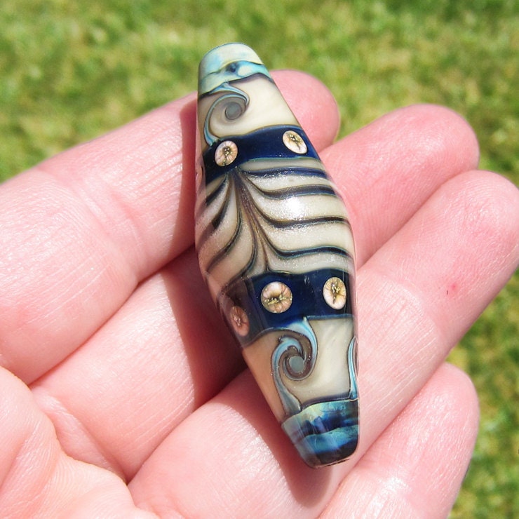 Handmade Lampwork Glass Focal Bead Bicone ivory blue feathered sra