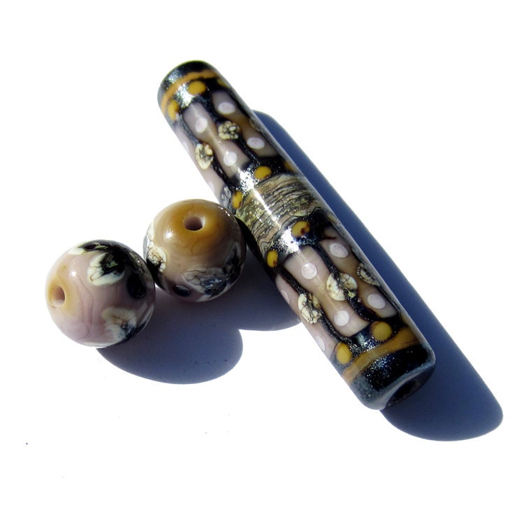 Handmade Lampwork Bead Set Tribal Silver Plum Ivory Mauve Ochre
