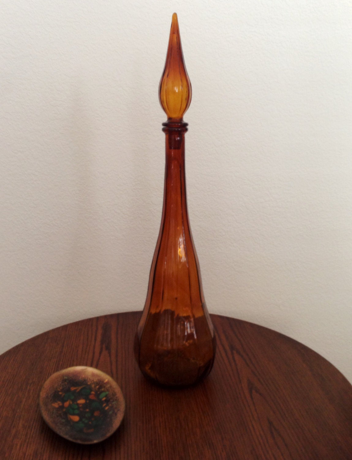 Vintage Mid Century Art Glass Amber Genie Bottle Decanter