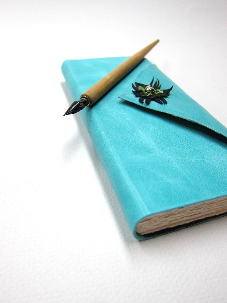 Blank Robin Egg Blue Leather Journal/Sketchbook/Diary/Notebook with Flower