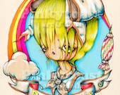 11x14-Rain or Shine-Wet Hair Portrait-Big Eye Neon Rainbow Girl-Pinkytoast Art Print