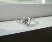 Halo White Sapphire Diamond Ring Gemstone Engagement Ring Custom Cushion Round Swirl Halo Setting 14K White Gold size 6.5