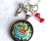Bluebird Art Pendant, Woodland Bird Charm Necklace, Upcycled Beaded Jewelry, Silver Chain/Black Cord, Art Print, ROUND, Blue Green Red