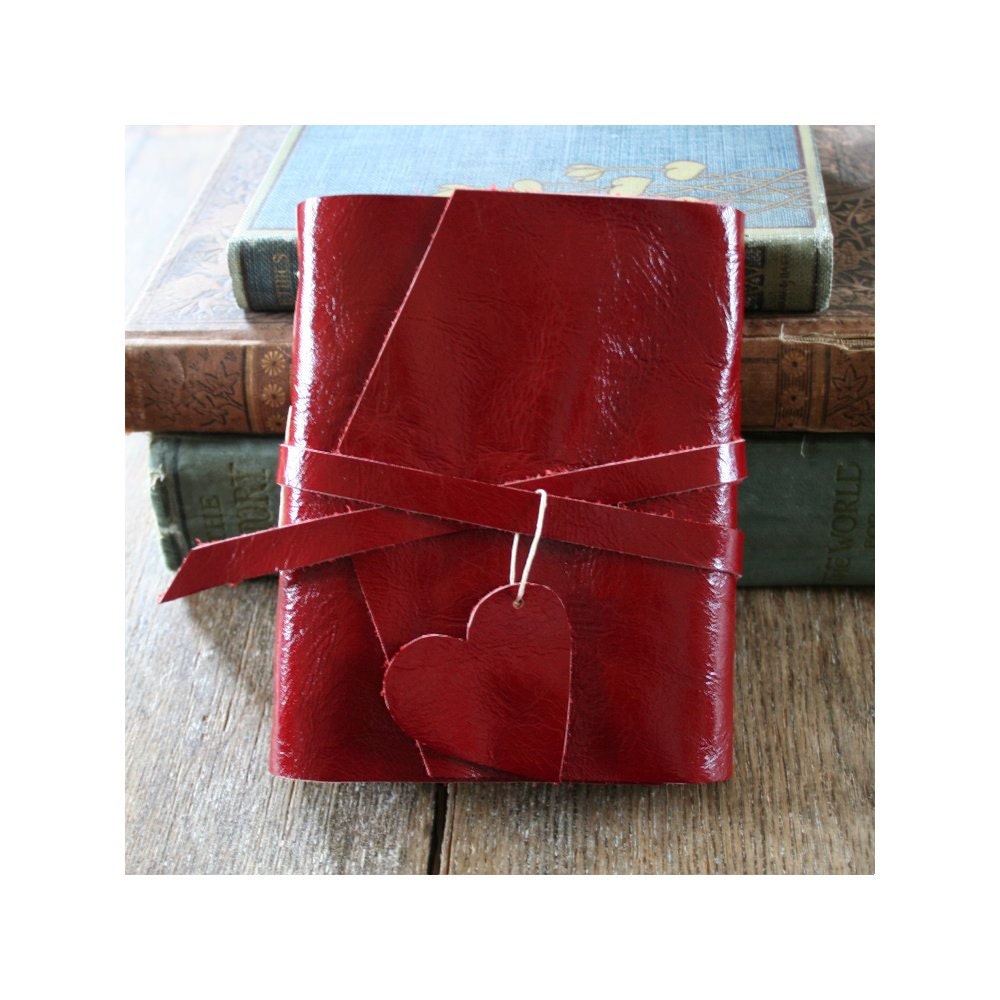 Leather Journal . LOVE - "i carry your heart with me" -ee cummings . Handmade Handbound . patent red (320 pgs.)