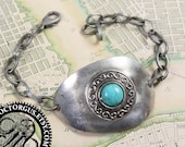 Sterling Silver Plated Spoon Bracelet -- With Turquoise -- Handmade by Doctorgus from Repurposed Vintage Silverware