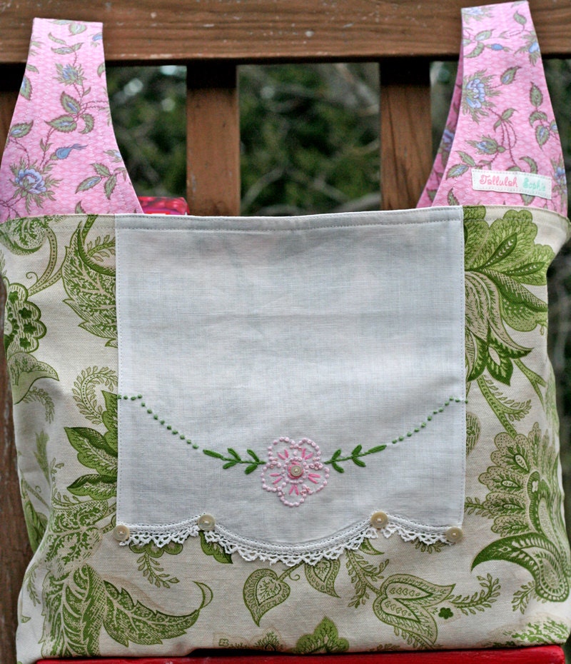 Shabby Pink and Sage Green Cotton and Vintage Doily  .. Flea Market or Grocery Shopping Market Tote Bag