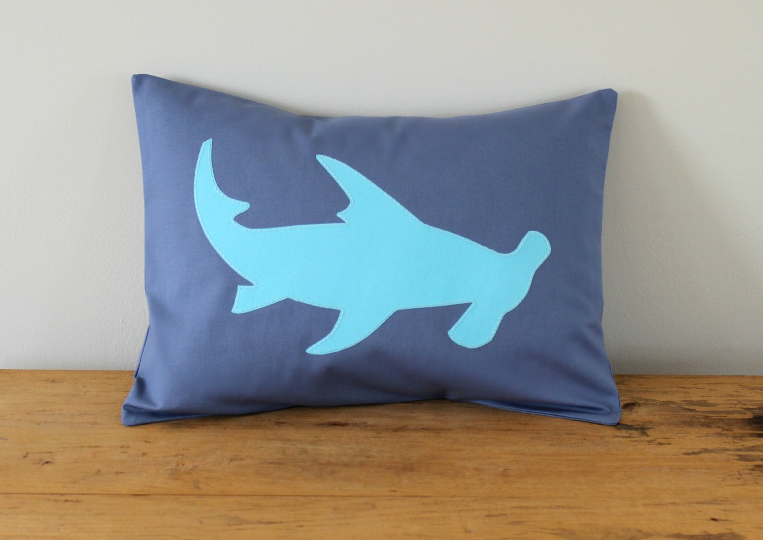 Hammerhead Shark Applique Pillow Cover. Slate Gray and Aqua. Customizable.