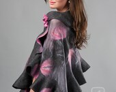 Ruffled shawl - Pink Roses with grey - Felted scarf wavy - Summertime Madness - Handmade wool and silk