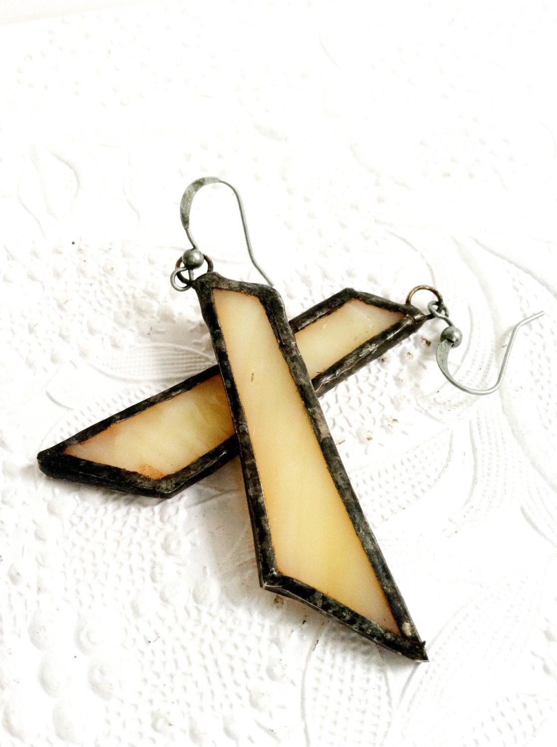 Beige Glass Shard Earrings, Stained Glass Earrings, Tan Glass Earrings, Soldered Glass Earrings, Cream Dangle Earrings
