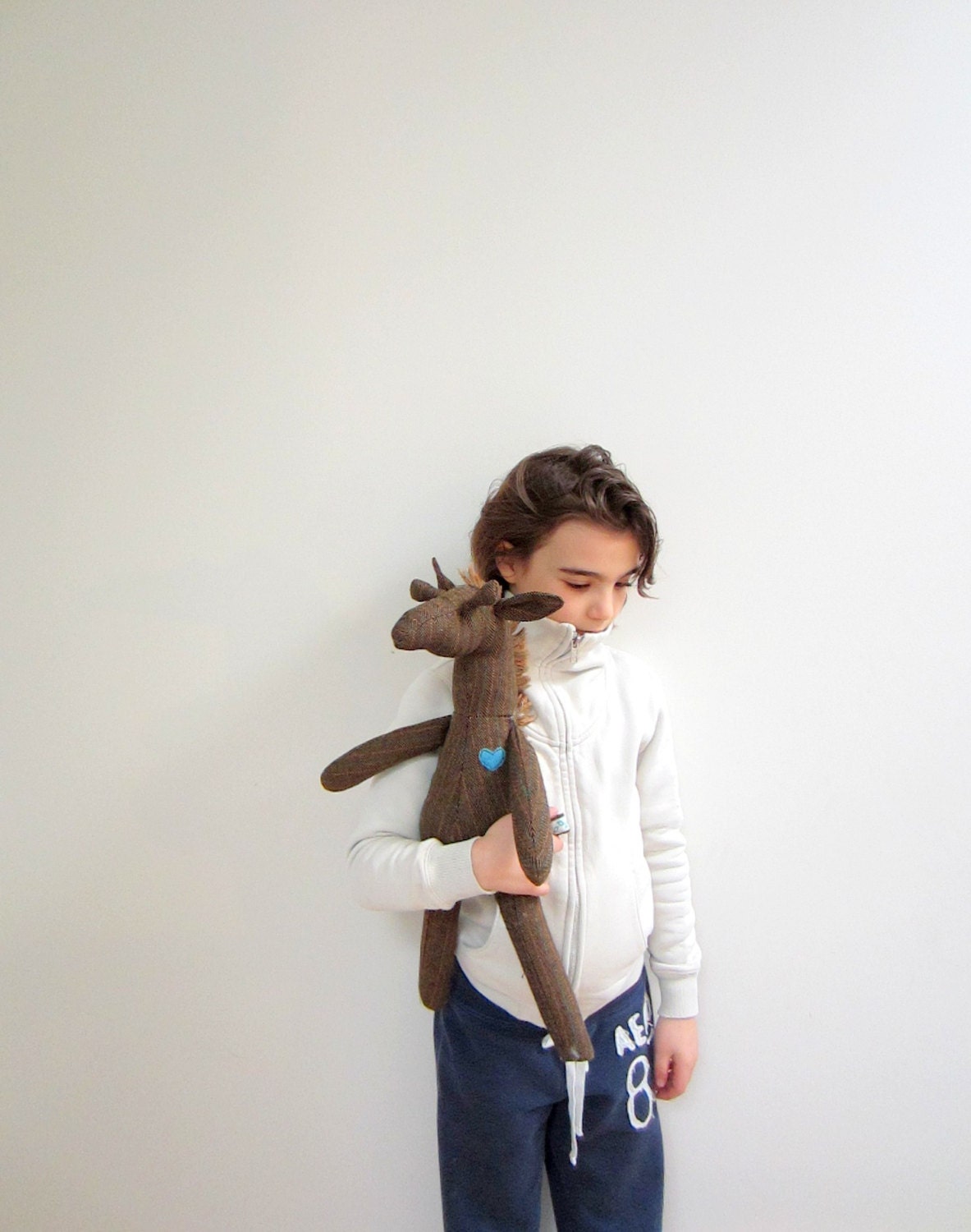 Giraffe doll Eco friendly Dark Brown herring bone wool soft toy upcycled sweet unique Heirloom gift idea bubynoa Best Friend
