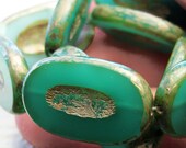 2 Picasso green jade opal carved ovals, Czech glass beads, 26 x 15mm