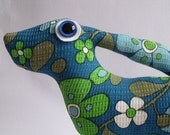 Mother Hare Lady Soft Sculpture hare plush fabric bunny rabbit ornament pillow retro flowers 50s turquoise jade green blue