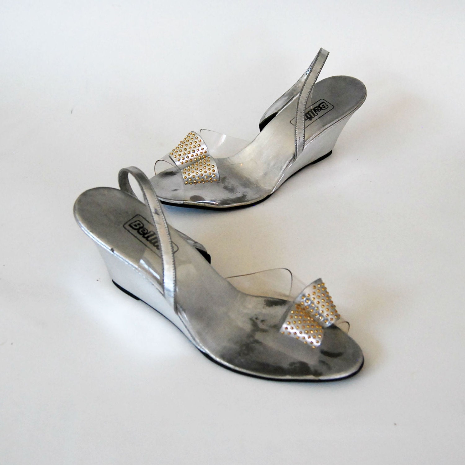 vintage silver CUT OUT wedge /  1970s DISCO leatherette jelly heels