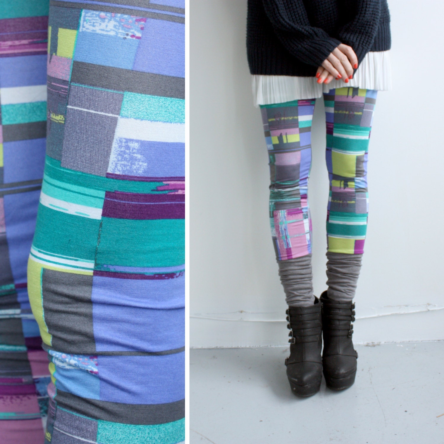 Short Short Leggings - Heather Grey Jersey and Cube Pattern Jersey  - XS, S, M, L