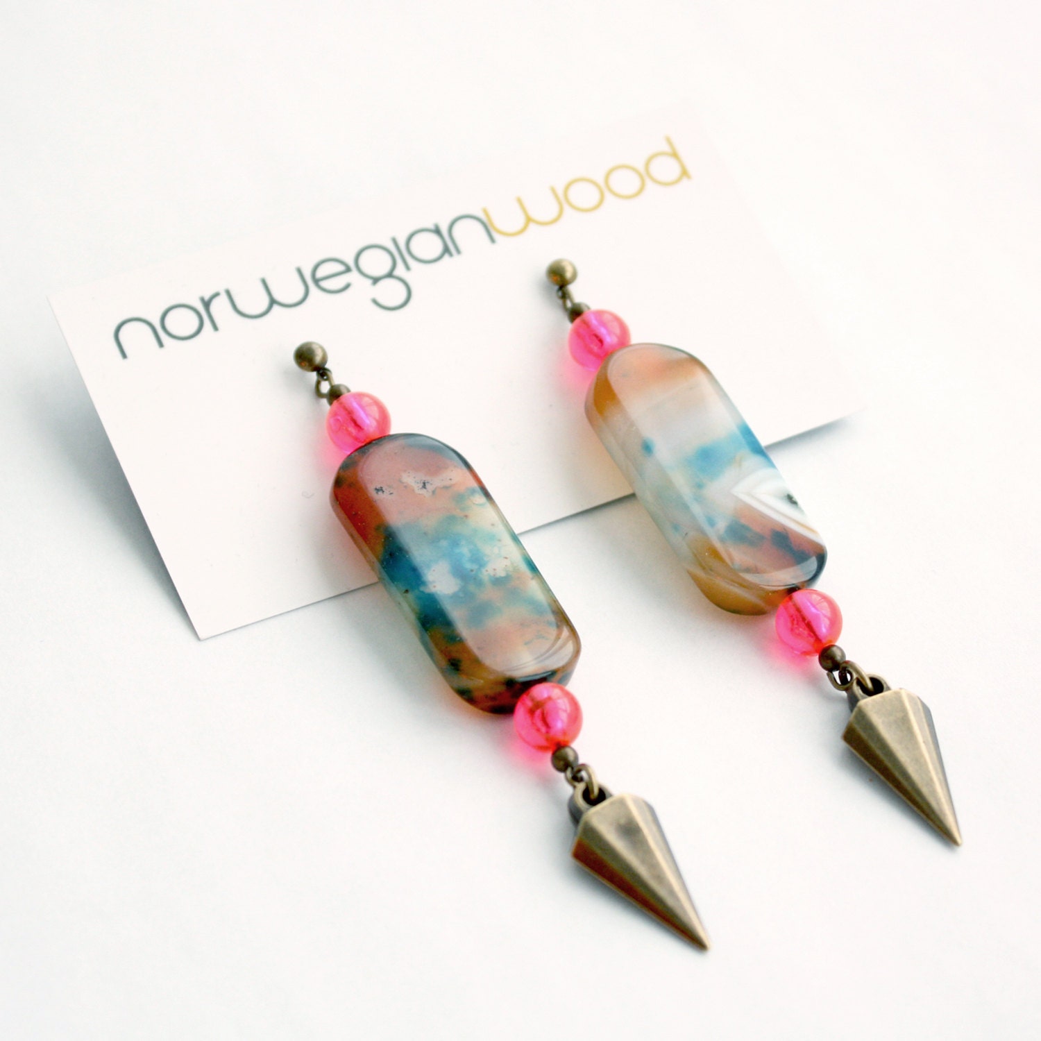 Web Earrings- Brass Spikes, Watercolour Agate and Fluorescent Pink Beads