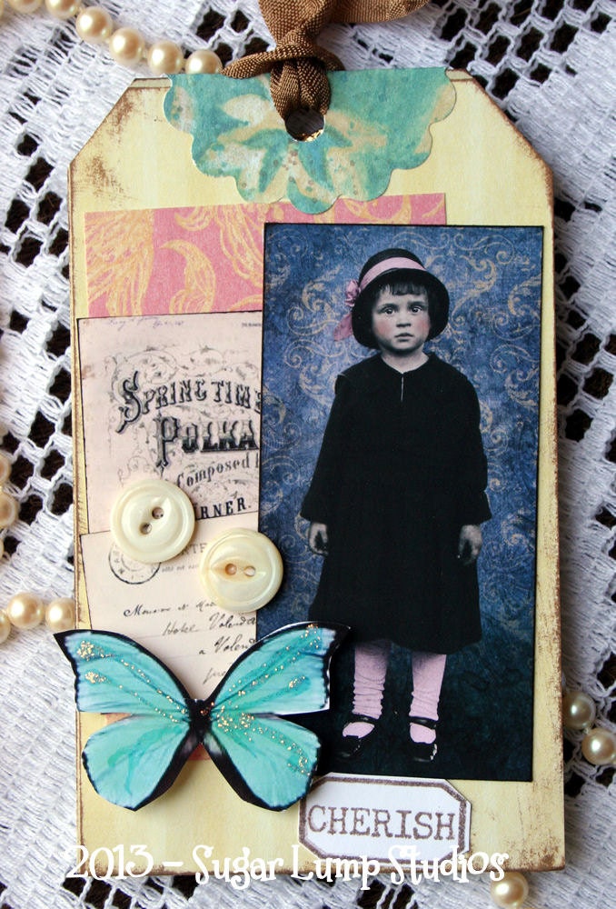 Morning Glory Altered HANDMADE Collage Gift  Tag with sweet mother of pearl buttons