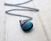 Teal Quartz Necklace, Peacock Blue Gemstone Pendant, Oxidized Sterling Silver, Gifts Under 50